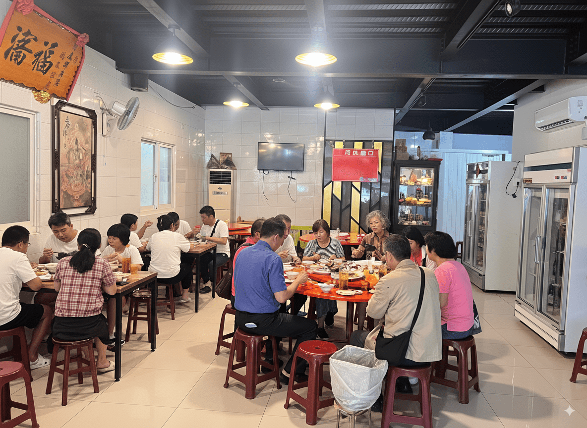 阿慶鮮魚湯的寬敞用餐環境，許多家庭正在這家東港海鮮餐廳聚餐