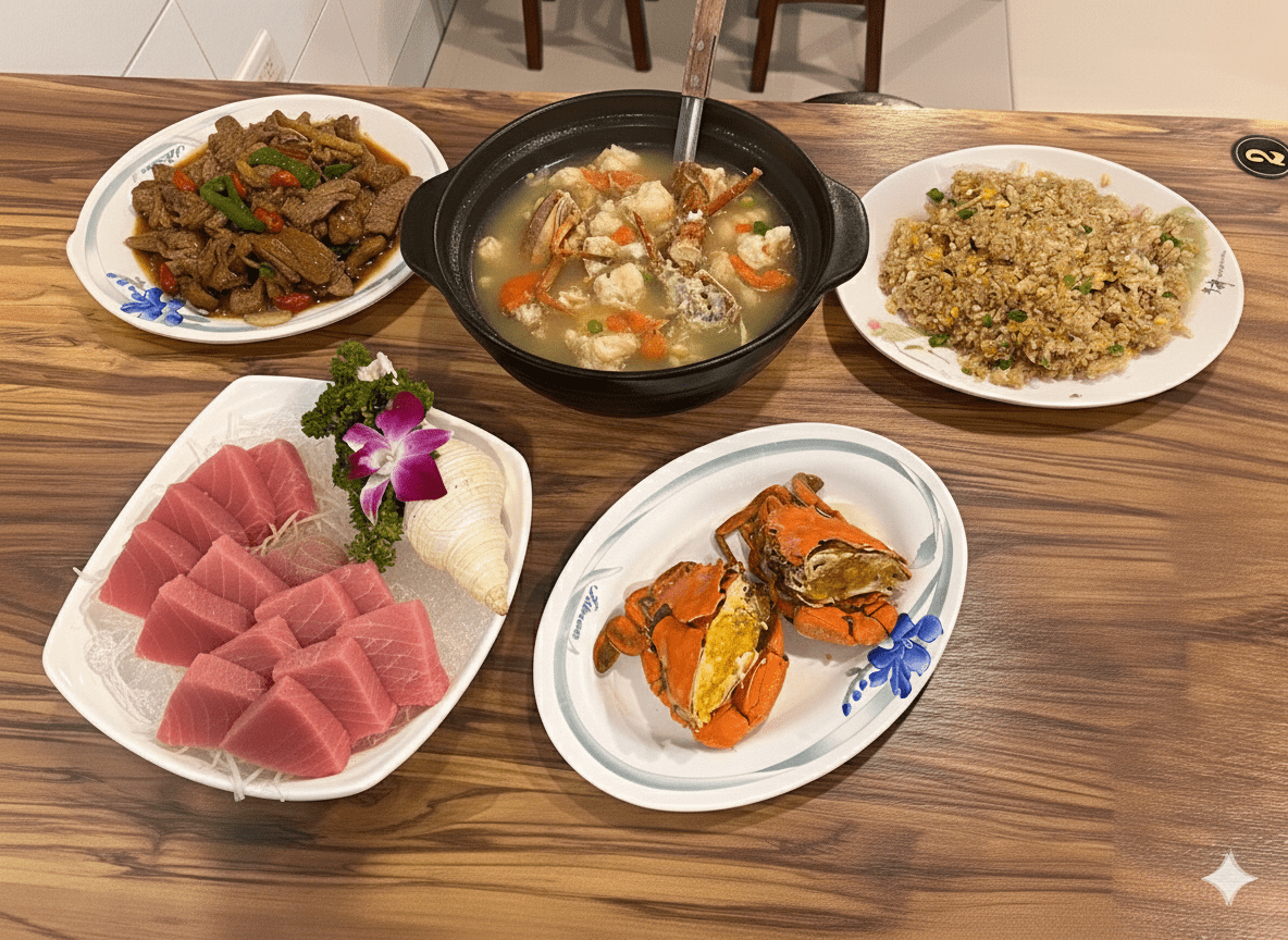 阿慶鮮魚湯的豐盛海鮮桌菜，東港海鮮餐廳的家庭聚餐首選